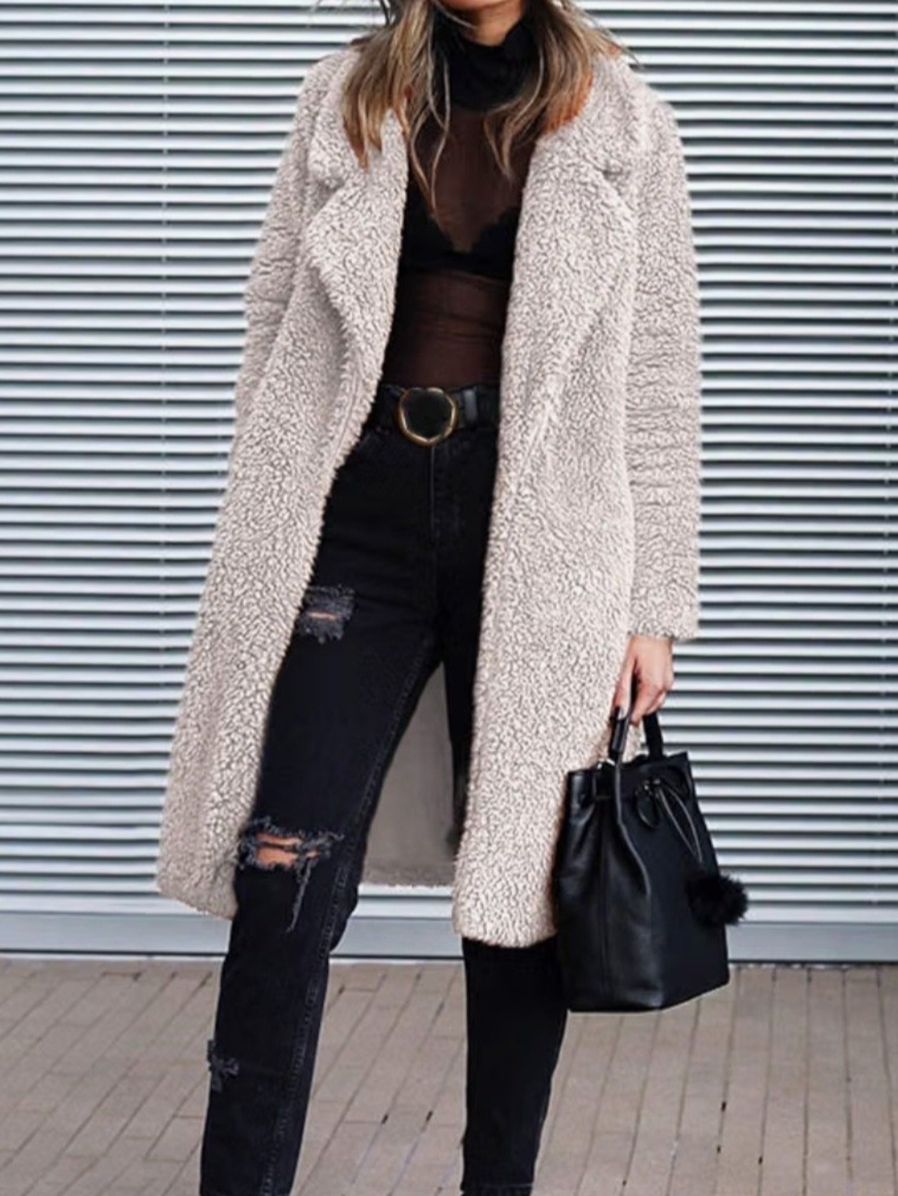 Plush Teddy Coat in Soft Light Beige - Long Open Front Jacket - Picture 5 of 5